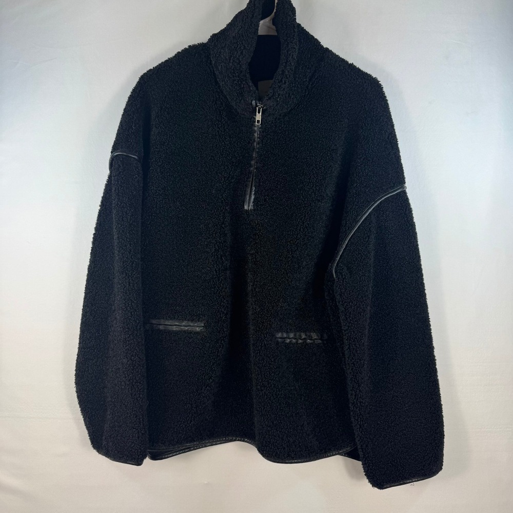 Tuckernuck Black Sherpa Fleece Half Zip Pullover Faux Leather Trim Small
